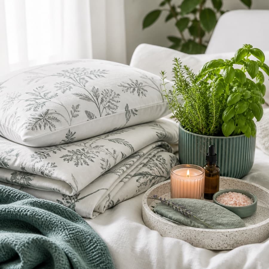 Bedding, a candle, and plants for a cosy home